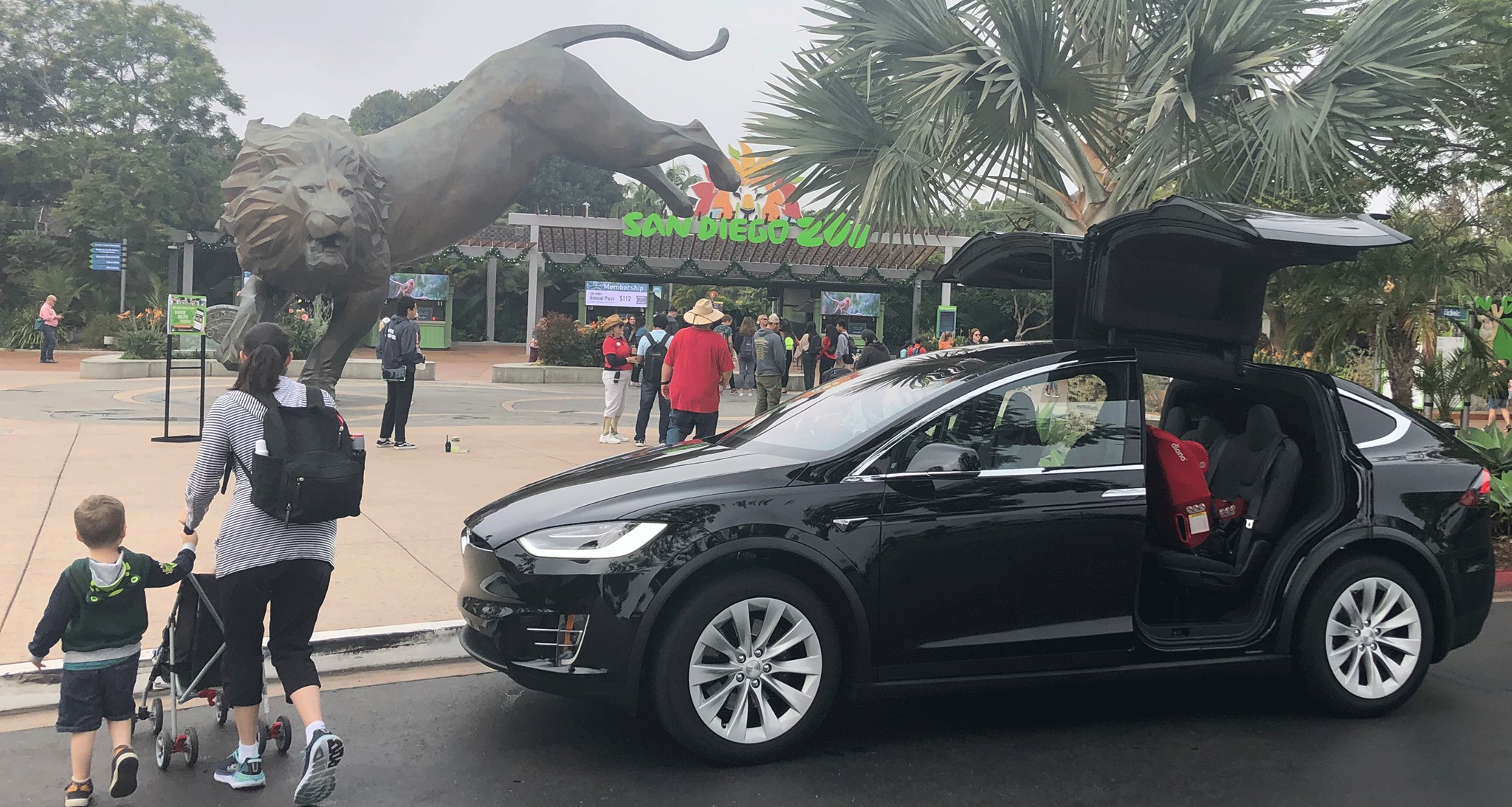 transportation service near me, image of tesla x picking up customers that need a ride.
