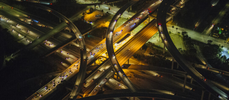 High angle view of city and highways, Los Angeles, California, USA